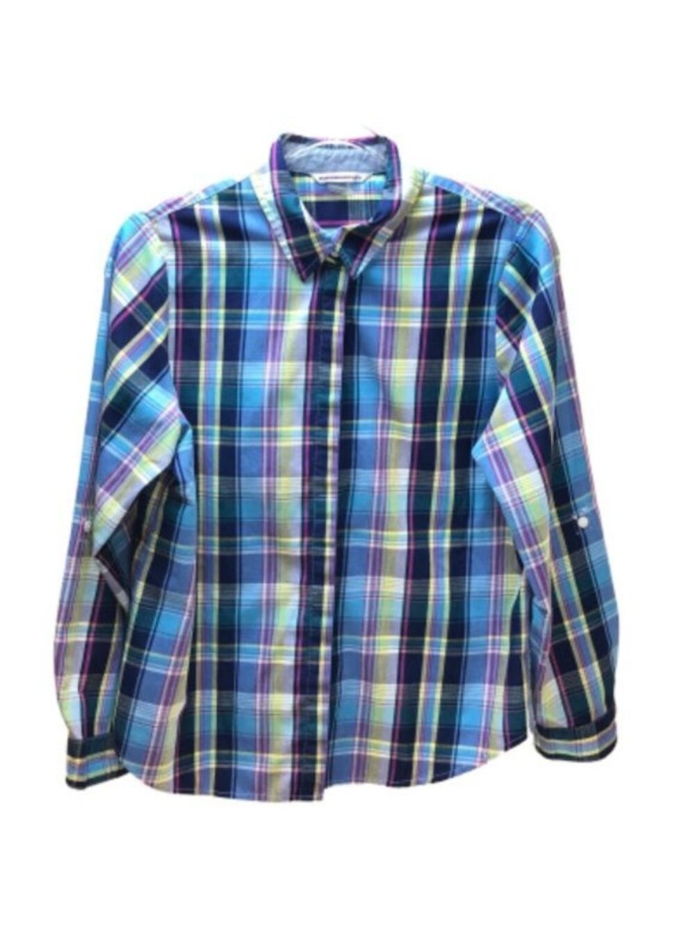 Allison Daley Plaid Button Front Shirt Women's Size 10 Blue Long Sleeve
